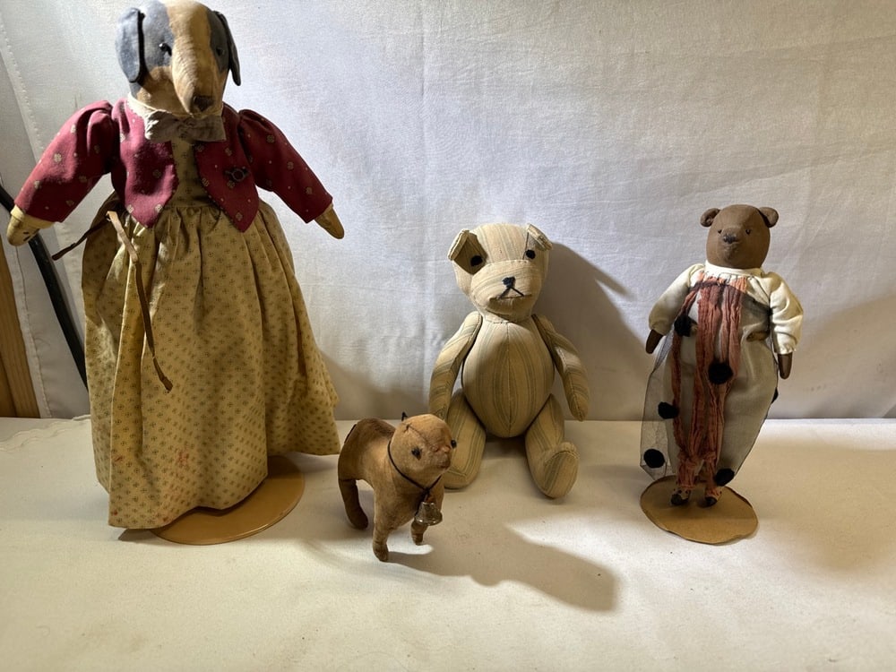 Vintage Folk Art Dolls: Vintage Folk Art Rag Dog Doll- 12.5” on stand Signed Margaret Bridewell -English Foxhound/Dog 4 1/4 x 4 1/4” Craft Striped Jointed Fabric Bear 10”/Aged Fabric Primitive Bear 8