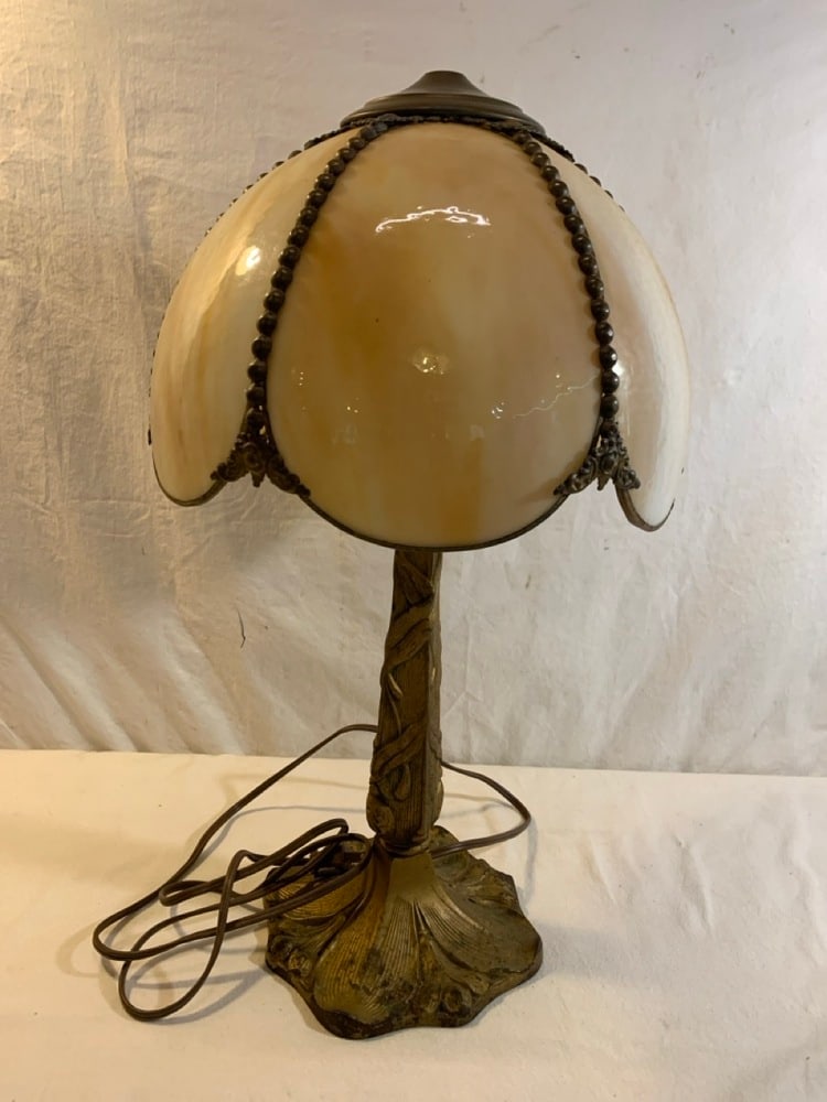 Antique Stained Glass Table Lamp: Antique Stained Glass Table Lamp- 23” T( 1 Cracked Panel)
