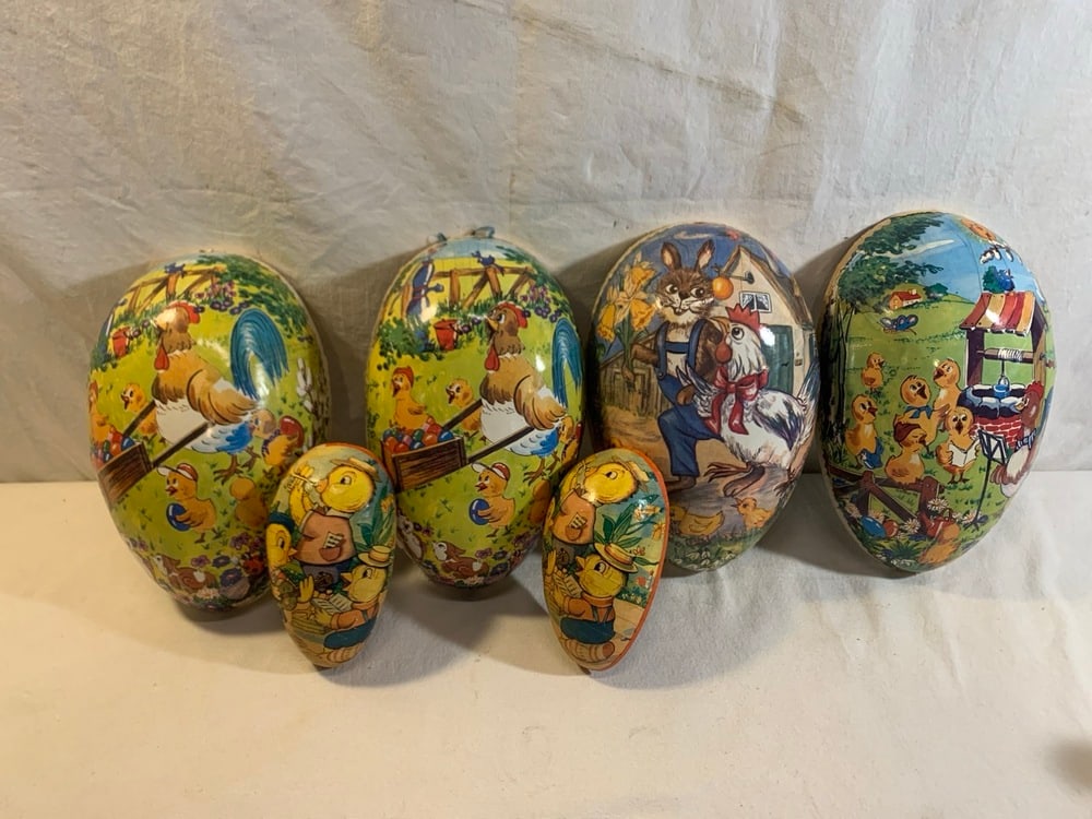 Vtg Paper Mache' Easter Egg Halves: Vtg Paper Mache' Easter Egg Halves Made In German Democratic Republic & West Germany- 4- 10 3/4” L x 6” W & 2- 6” L x 3.5” W