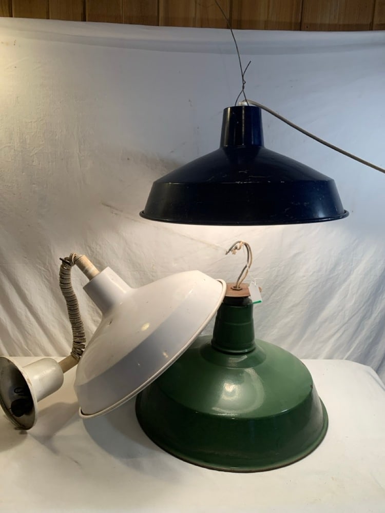 3) Industrial Enamel Pendant Lights: 3) Industrial Enamel Pendant Lights- Green, Blue & White-Working