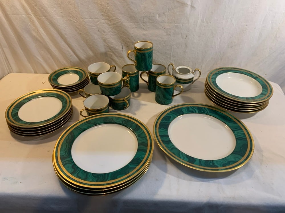 Vtg Christian Dior Gaudron Malachite China: Vtg Christian Dior Gaudron Malachite China- 12” Plate, 4) 10 3/4” Plates, 5) 8 1/2” Plates, 6) 9” Soup Bowls, 4) Coffee Cips, 6) Teaspoons Cups, 5) Saucers & Sugar Boel(no top)