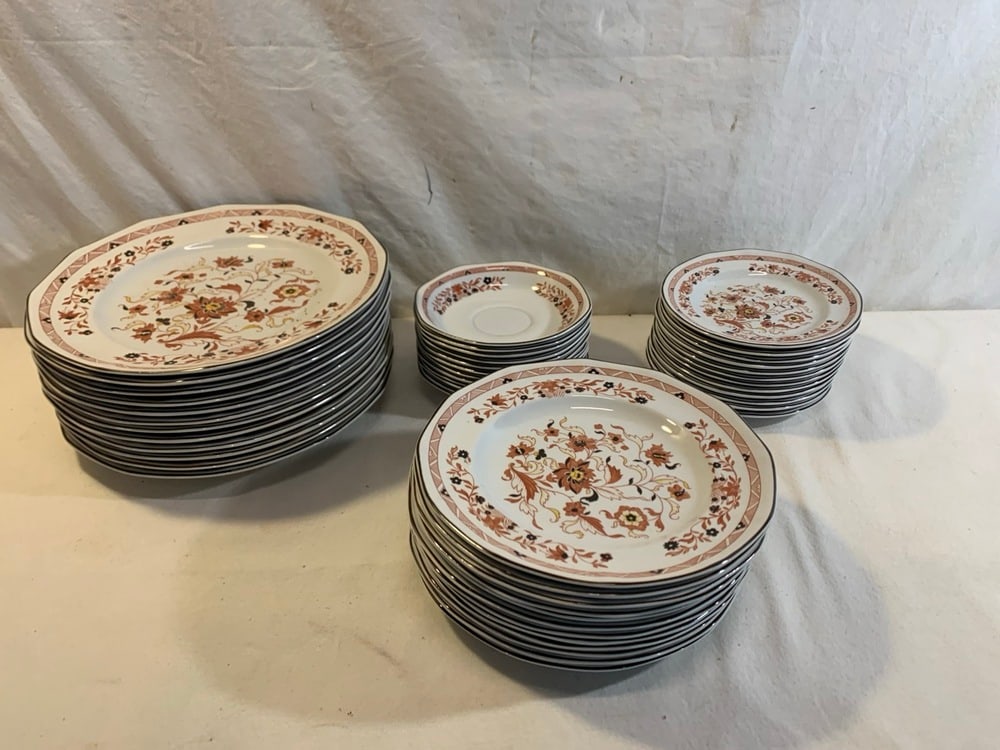 Wedgewood Etruria China: Wedgewood England Etruria Kashmir China- 12-) 10” Plates, 12) 8 1/4” Plates(1 chip), 12) 6 1/4” Plates, & 12) 5 3/4” Saucers