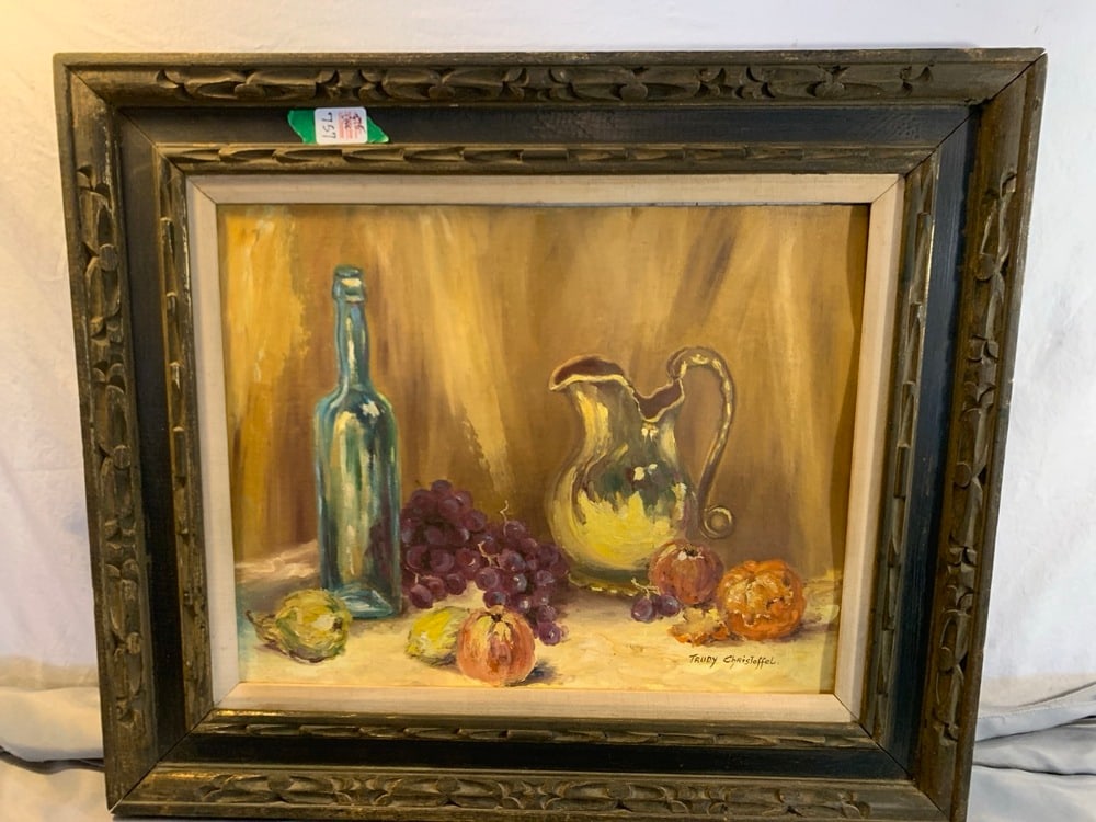 Mid Century oil on Canvas by Trudy Christoffel: Mid Century oil on Canvas Still Life with Fruits, Bottle, & Pitcher by Trudy Christoffel- 28” x 12”