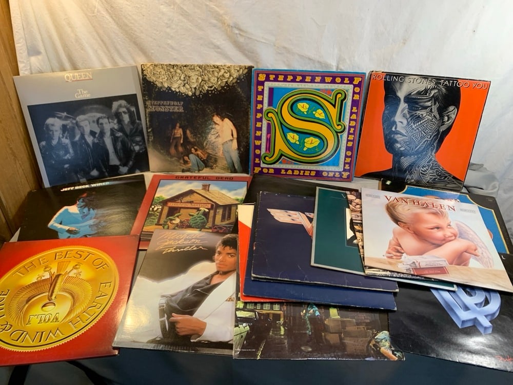 Record Albums: Record Albums including Rolling Stones, Steppenwolf, Grateful Dead, Queen, Earth, Wind, & Fire, Jeff Beck, Michael Jackson Thtiller, Van Halen, David Bowie, adept zpurple, Chicago