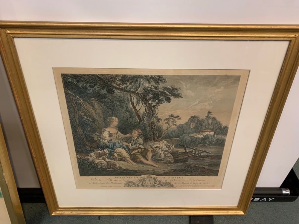 18th Century French Engraving: 18th Century French Hand Colored Engraving Titled “ Pensent-old by After Artist Francois Boucher1 25” x 26.5”