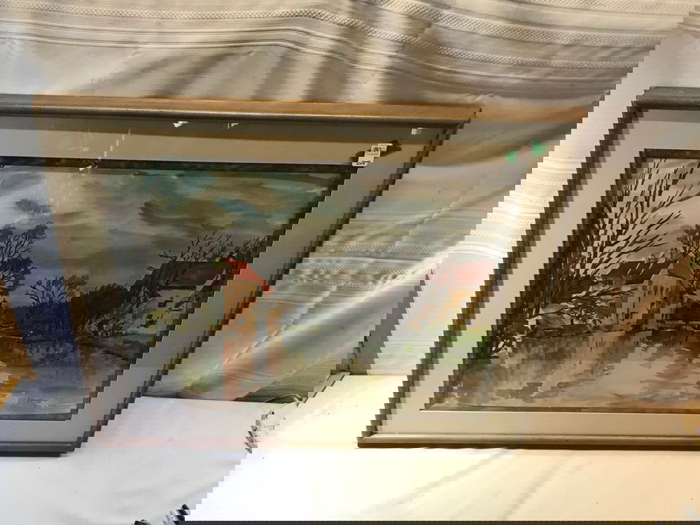 Vintage Print Of Watercolor Framed: Vintage Print Of Watercolor Framed/Villers-Sur-Morin by J Feuqereux 34.5” x 28”