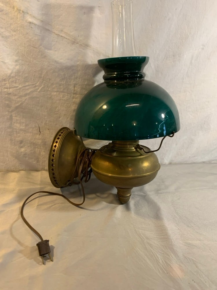 Antique Rayo Caboose Brass Wall Lantern with Emerald Green Shade: Antique Rayo Brass Wall Angle Lantern with Emerald Green Shade & Chimney- Electrified