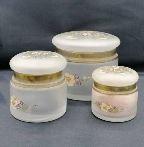 Set Of 3 Antique Glass Dressing Table Boxes With Painted Flowers