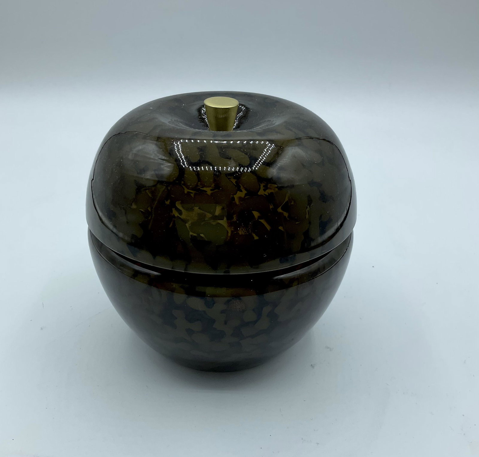 Murano Glass apple shaped covered bowl Cenedese Brown with White Dots Metal holder (1 of 7)