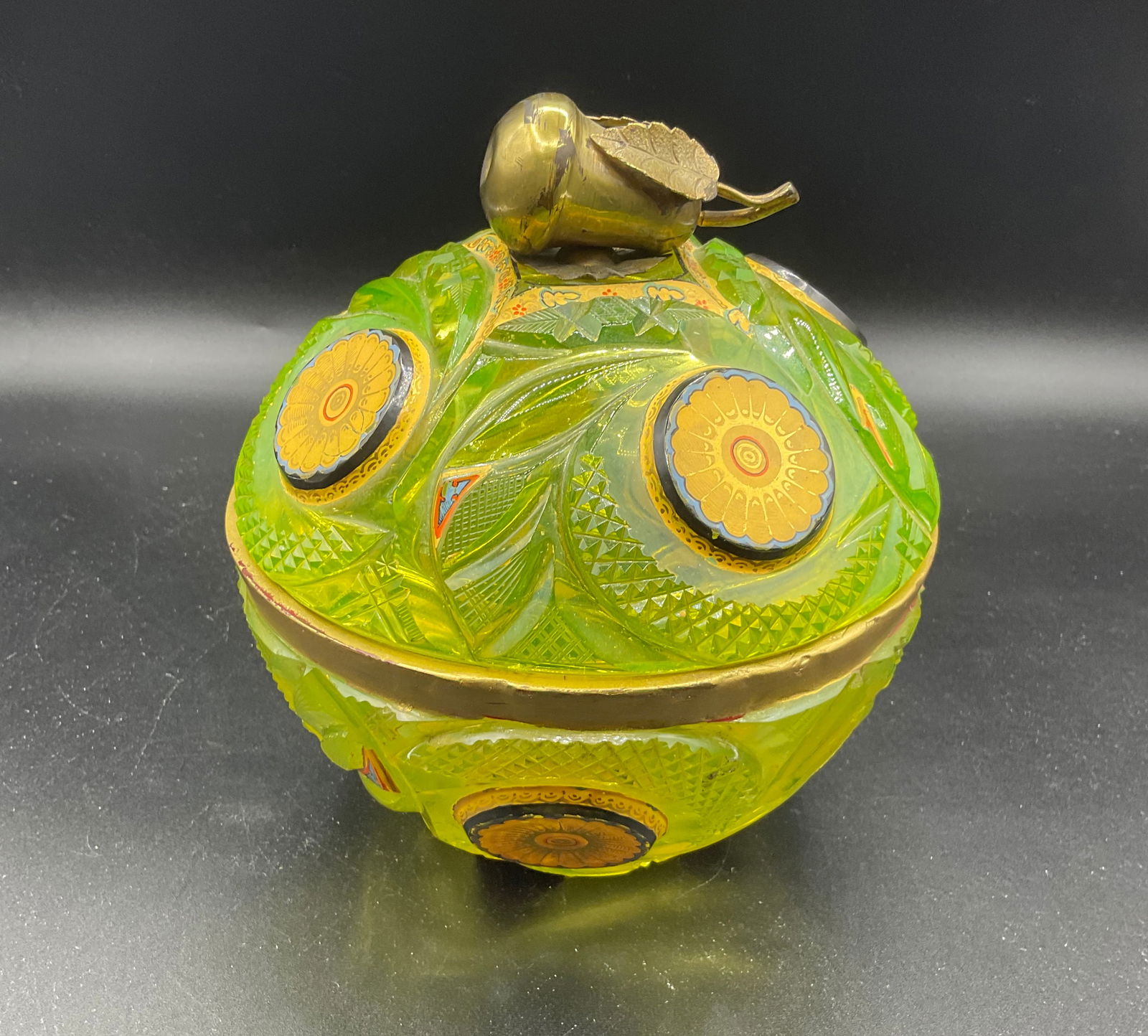 Antique Bohemian uranium vaseline glass bombonier for islamic market (1 of 20)