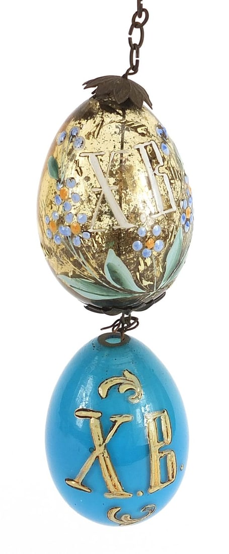 Russian Antique Glass Easter Eggs by Maltsev factory: Pair of Imperial Russian glass Easter eggs with enamelled decoration inscribed Christ has Risen, the largest 7cm highConditionFree of damage,good old used conditionDimensionsH - 7 cm