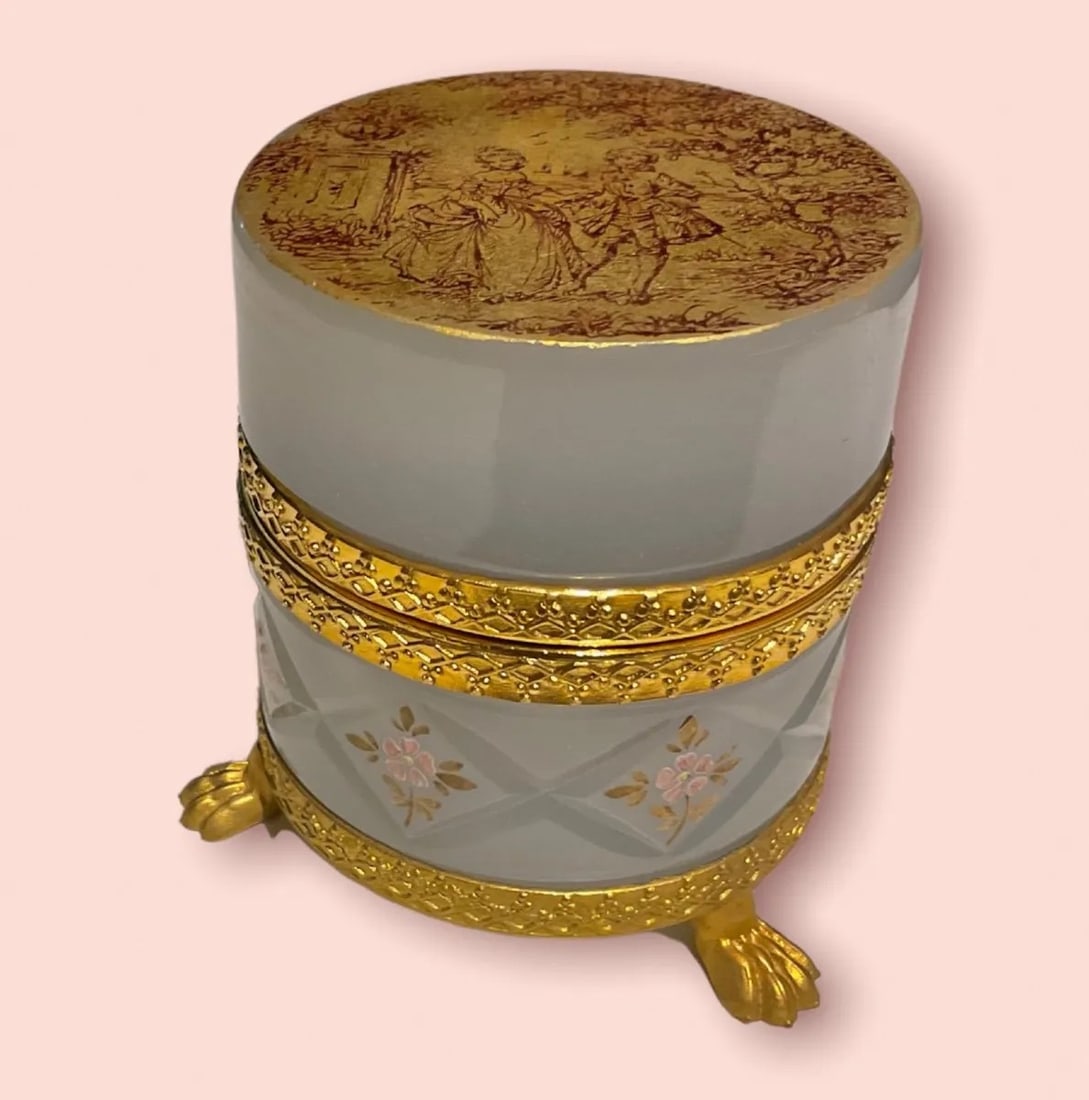 Antique French Opaline Box with gold gravure on the lid,very rare (1 of 8)