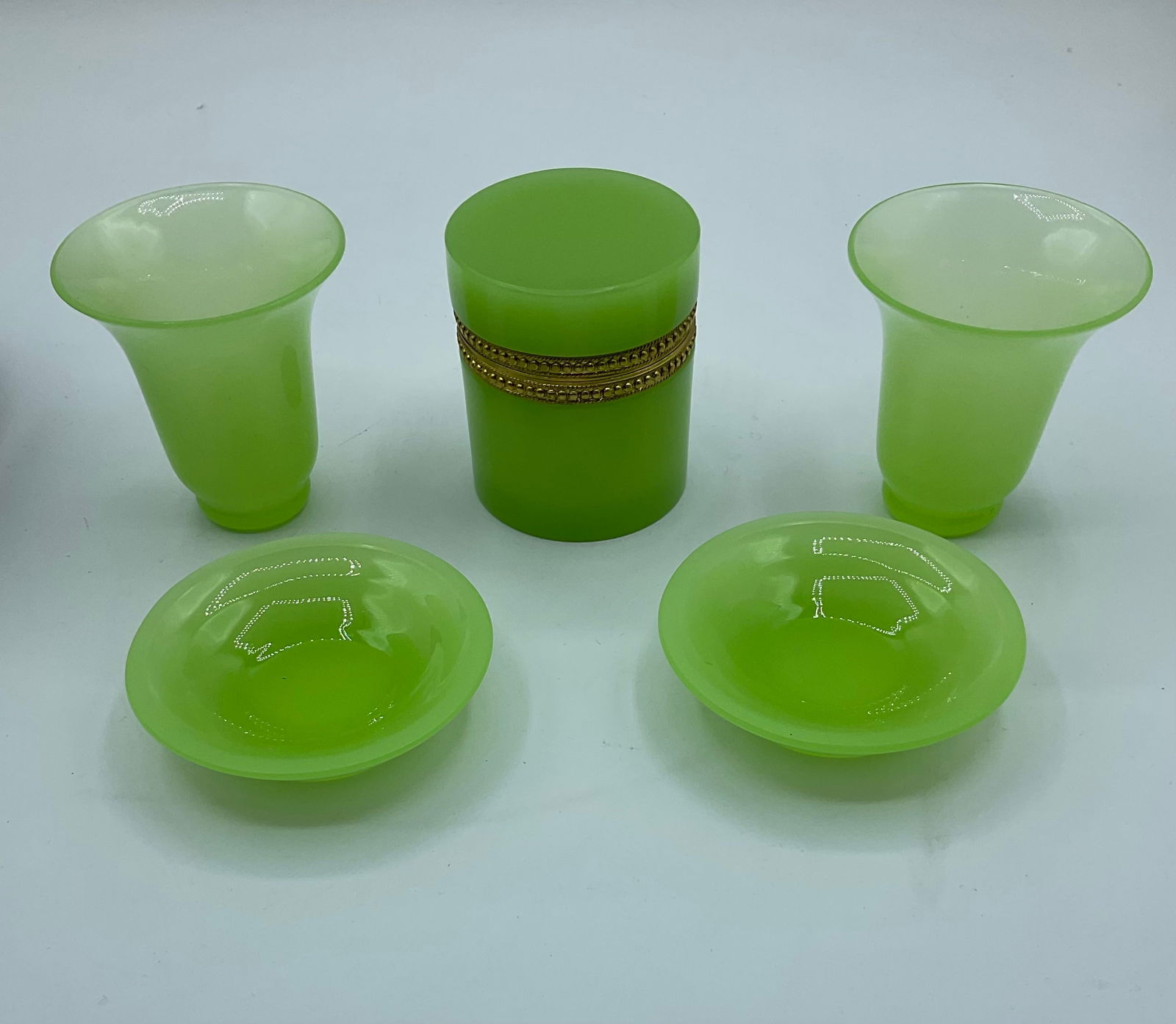 Antique French Opaline Glass Box And 2 Small Vases and Lime Green Dishes (1 of 14)