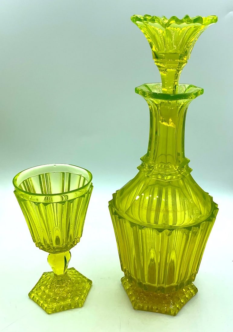 Antique Bohemian Uranium Glass Set Carafe With Drinking Glass (1 of 10)