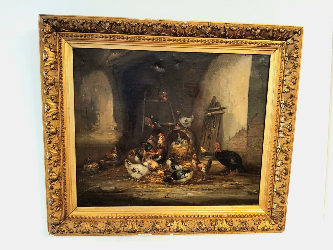 Claude Guilleminet Poultry Farm With Roosters, Hens And Chickens, Signed #2: Claude Guilleminet (1821-1885)Farmyard scene. Oil on canvas signed lower left.81.5/70.5cm with frame65/55cm without frame2 holes, see photos. signed lower left
