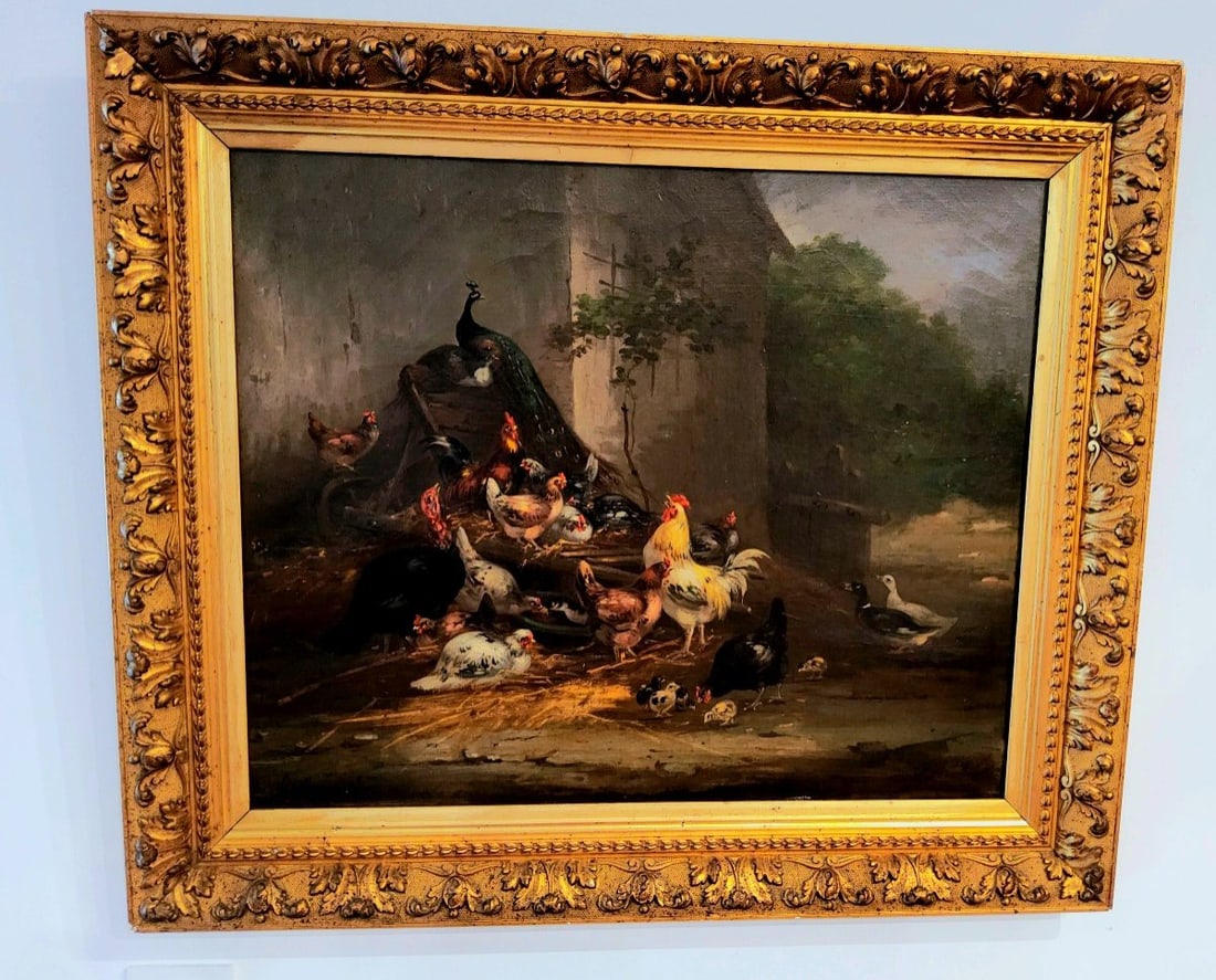 Claude Guilleminet Poultry Farm With Roosters, Hens And Chickens, Signed: Claude Guilleminet (1821-1885)Farmyard scene. Oil on canvas signed lower left.81.5/70.5cm with frame65/55cm without frameGood conditionOriginal 19th century frame