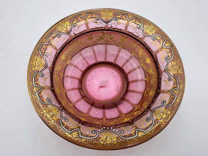 Lobmeyr glass centrepiece richly enamelled,signed: Wonderful cranberry enamelled glass bowl centrepiece by famous J&L Lobmeyr glass factory.Bowl is decorated in an Eastern/ Hispano Moresque style decor polychrome enamel.Measures: 18cmH:6cmSigned,marke