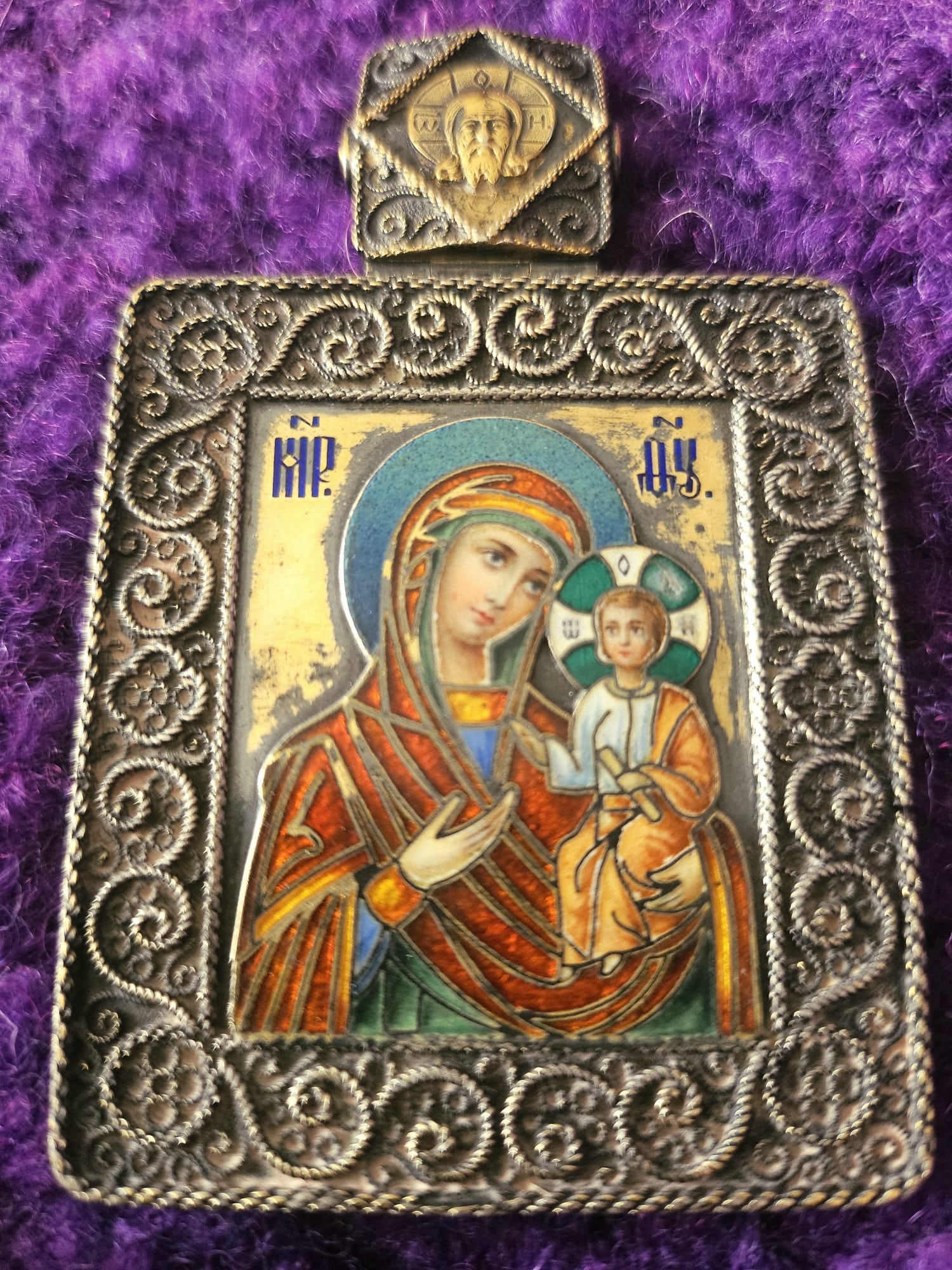 19century Russian Enamel icon Panagia pendant Pavel Ovchinnikov: Wonderful example of Russian Antique Panagia silver Gilt and enamel. Front depicts with Iverskaya Mother of God and reserve bear in cyrilic "Holy Mother of God safe us"Marks of silversmithsHallmarks: