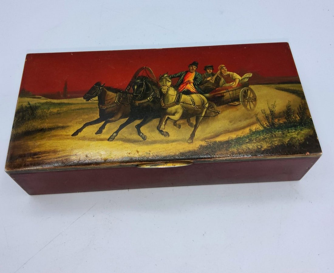 Antique Russian Silver Lacquer Painted Large Box With Troika: Very unusual Russian Antique Silver lacquer painted box with troika.Box is measures:16,5cm/8,4cmWeight: 450grMarks: 84, St.Petersburgh, end of XIX century Silversmith inituals:E.P.Very good condition.