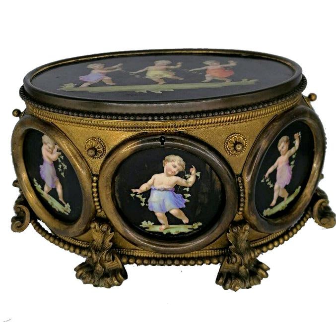 Antique Porcelain Large casket box bronze mounted with porcelain cherubs painted panels (1 of 10)