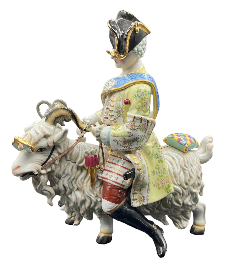 Fabulous Capodimonte Porcelain Group of Count Bruhl''s "Tailor on a Goat",Huge: WONDERFUL,Extremely RARE EXAMPLE OF CAPODIMONTE PORCELAIN FIGURINE OF COUNT BRUHL,model of Johann Kaendler ,FULL SIZE.MEASURES:45/40cm History: Meissen''s “Count Brühl’s Tailor on a Goat,”