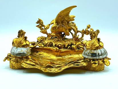 Wonderful Antique Old Bronze Inkwell Decorated With Birds,fish With Tortoise And Glass Pots,France: Wonderful very rare antique French bronze inkwell with pair of baccarat glass pots and bronze fly in the shape of a turtle.Wonderfully decorated with birds, fish, lily leaves, etc.Social and very exce