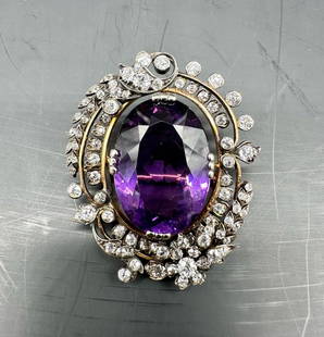 Impressive Victorian Large Gold Brooch with large amethyst and diamonds: Antique rose gold, white gold 585 with amethyst (approx. 17ct) in floral old-cut diamond frame (together approx. 2.20ct/SI-P1/W-TCR) frame, Date:around 1880Weight: 16.4g, 3.9x3.4cmVery good condition