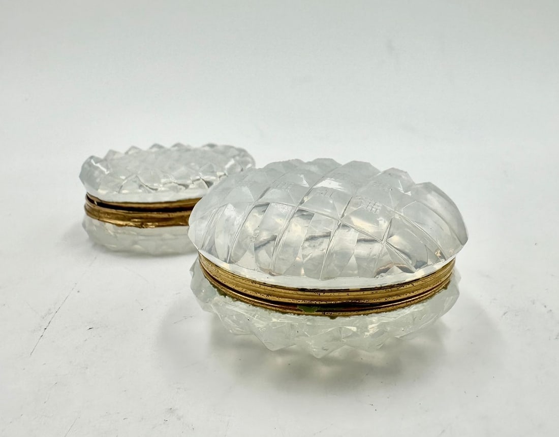 "Bulle De Savon" French Opaline 2 pill boxes,Charles X period.: Two white opaline ‘soap bubble’ pill boxes with carved decoration. Diameter: 5cm Height:3cmBoth are in perfect condition