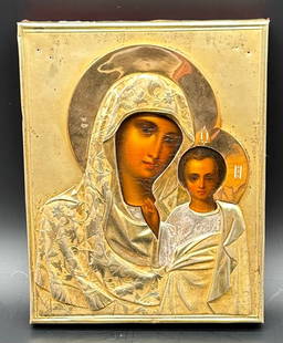 19 century Russian Kazanskaya Mother of God wood icon in silver gilt oklad: 19century Silver Gilt oklad Kazanskaya Mother of God icon. Fine etched floral decoration.Very good condition.Original red velvet linningIcon measures: 22/18/3 cm