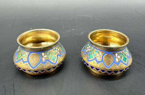 Pair of Russian Cloisonne Champleve silver Gilt salts by Pavel Ovchinnikov: Beautiful Bizantine style decoration in navy,green and white enamelling work.Beneath "curtain like" decoration with lapis lazuly enamel typical for Pan Slavic(Russian Art Nouveau type)Condition: Very