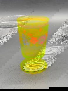 Antique Bohemian Uranium glass vase with hand painted bouquets: Good condition, free of damage. Some wear on the rim gilded decor