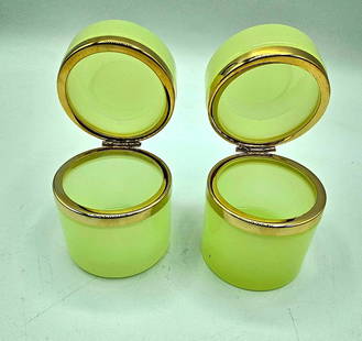 Antique Bohemian Uranium Crystal Glass Cylindrical Boxes, Pair: Antique Bohemian Uranium Crystal Glass Cylindrical Boxes, PairH:7cmW:6 cmExcellent conditionPrice indicated for the pair