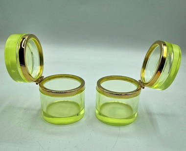 Antique Bohemian Uranium Crystal Glass Cylindrical Boxes, Pair: Antique Bohemian Uranium Crystal Glass Cylindrical Boxes, PairH:7cmW:6 cmExcellent conditionPrice indicated for the pair