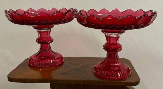 Pair of Red Crystal Glass Tazza, Pigeon Blood Color, 19th Century: Napoleon III Pair of red crystal glass tazza, pigeon blood color, 19th centuryH:16.5cmW:20cm