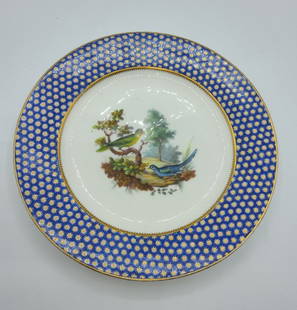 Vincennes Sevres Porcelain Plate Partridge Eye Pattern Painted With Exotic Birds: Sevres Porcelain Plate "Celestial Blue" Partridge Eye"Signed: Lesser yellow-throated parakeet, America. Concon, des imden.Diameter: 25cmPeriod: 18th centuryStyle: Other StyleCondition: Perfect conditi