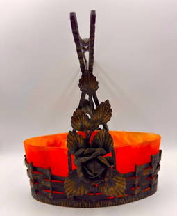 Muller Freres, Luneville Art Glass Cup With Handle In Metal Frame With Flower Decor: Muller Freres, Luneville. Art Nouveau glass bowl with handle and wrought iron stand decorated with flowers and leaves. France, 1930s.Very beautiful decoration of rose flowers.Perfect condition!h:26cml
