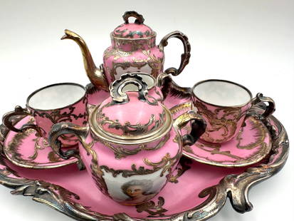 Tete-a-tete in Sevres porcelain mounted in Louisxvi & Marie Antoinette silver: Extraordinary very rare Sevres porcelain coffee service with silver mount depicting portraits of the royal family