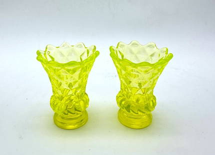 Antique Uranium Harrach Glass vases,Pair: Description:Pair of small Antique Uranium glass vases.Measures: H - 8 cmW - 6 cmConditional: Perfect