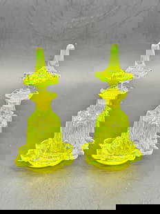 Pair of Bohemian Uranium glass perfume bottles.: Pair of Bohemian Uranium glass perfume bottles.Cond: Good,free of chips,cracks.Lids are stuck, non-removable.