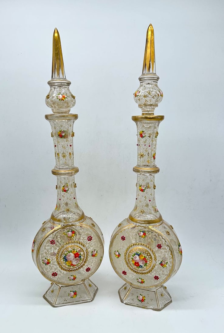 PAIR OF BOHEMIAN ENAMELLED GLASS DECANTERS AND STOPPERS For Middle East Market,19century (1 of 20)