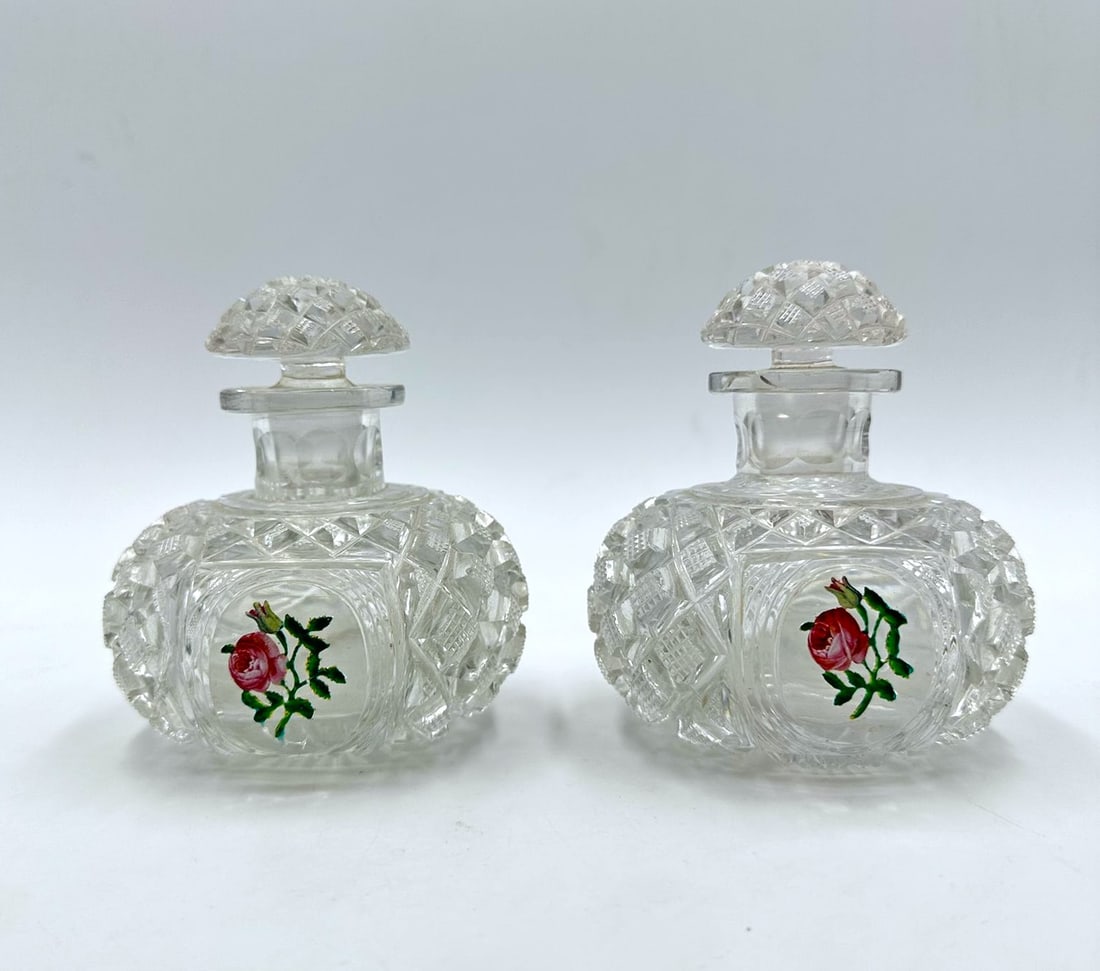 Pair of Baccarat Crystal glass perfume bottles with enamel rose decor,Napoleon III period (1 of 10)
