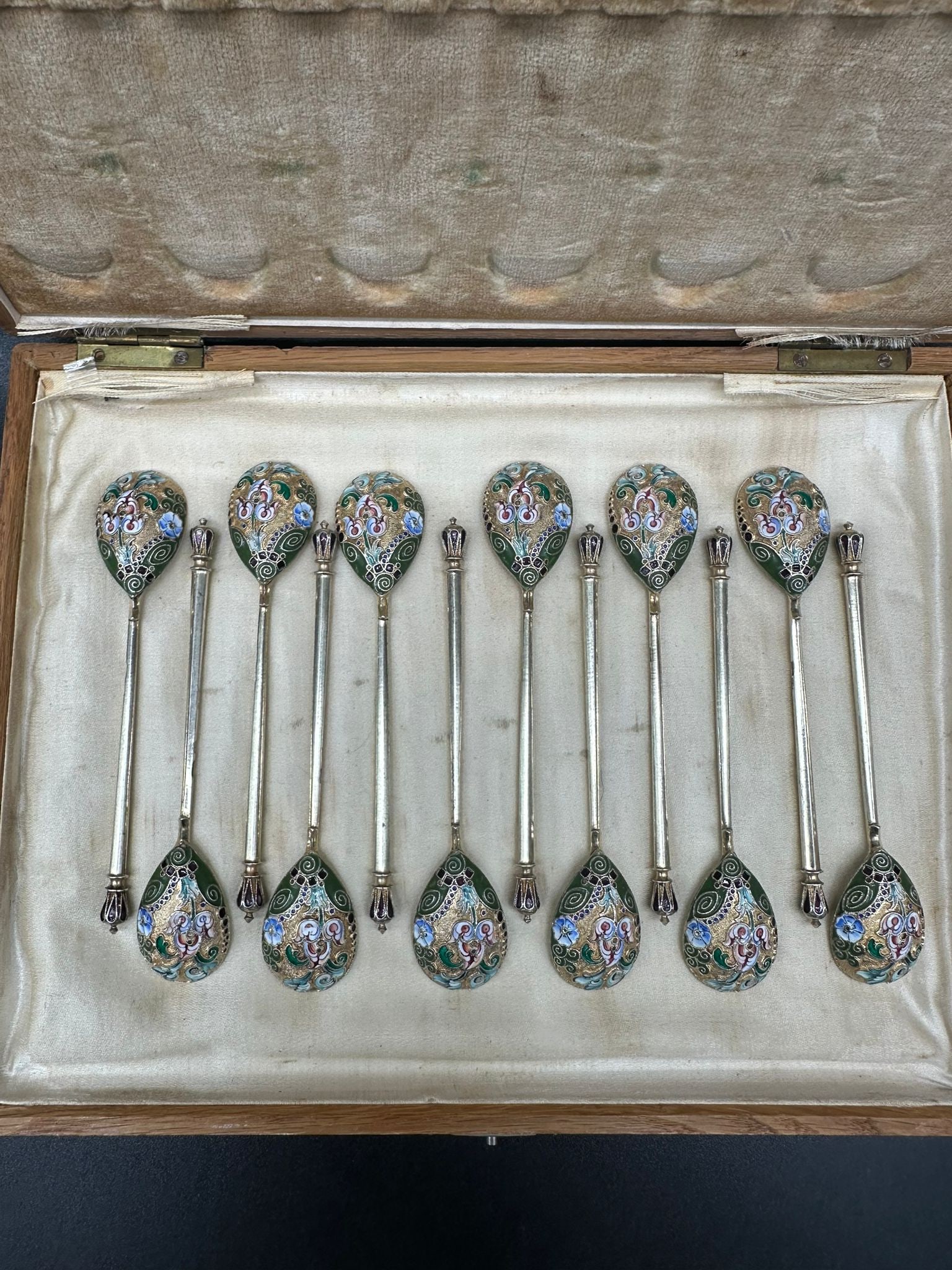 Set of 12 Russian Imperial Enamel Silver spoons,11 Artel: Very beautiful shaded enamel Russian Antique spoon by 11 Artel.Measures: 10,5 cm long Width: 2 cmCondition: Perfect Marks: 11 Artel, hallmarks: 84