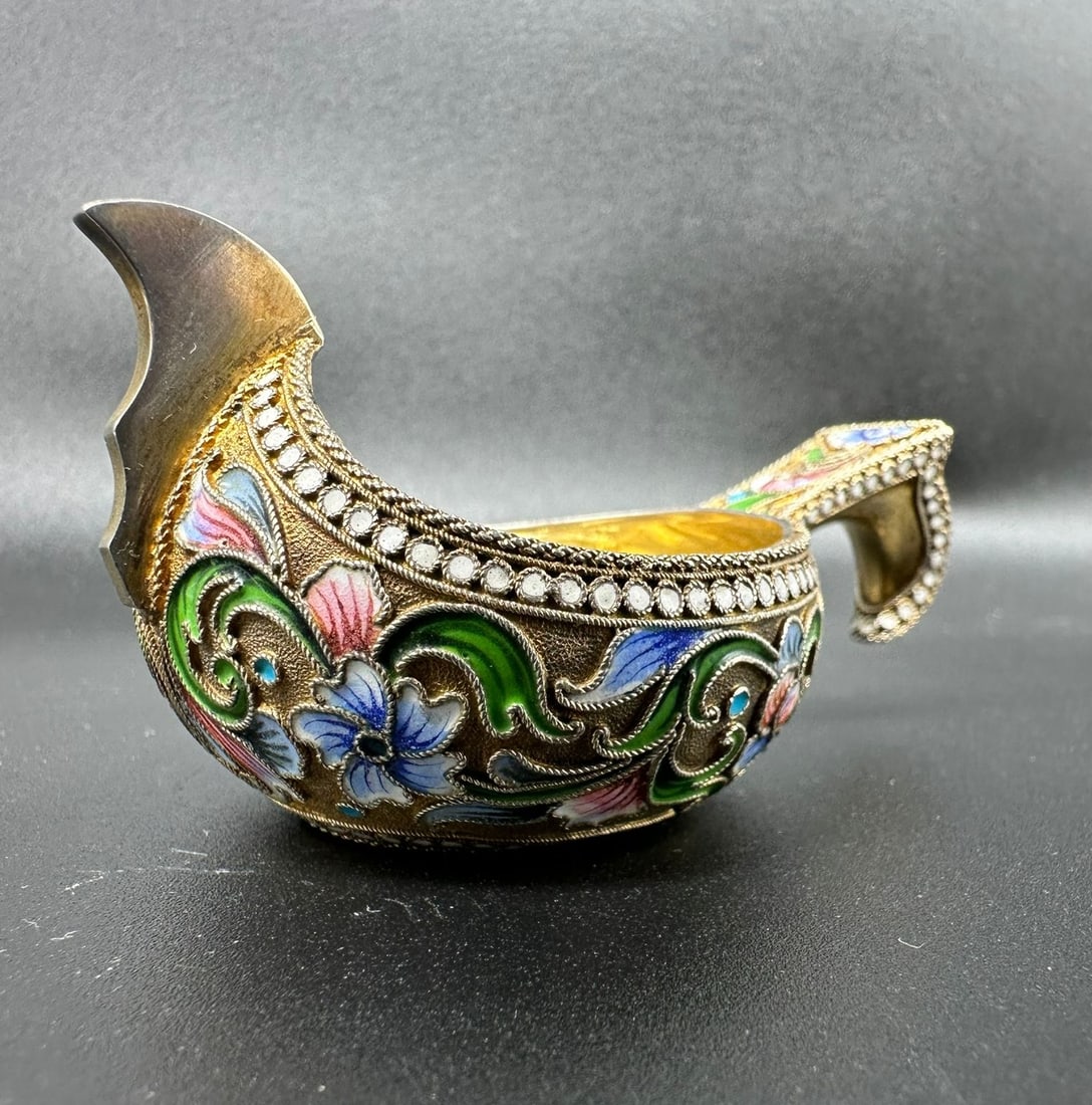 Russian Antique Silver Enamel Kovsh in floral pastel colours: Russian Antique Silver Enamel Kovsh in floral pastel colours.Condition: Very good.Measures: 8cm;height: 4cm,width across the top: 5cm;Marks: B.A within a cartouche; 84 with kokoshnik turned to the lef