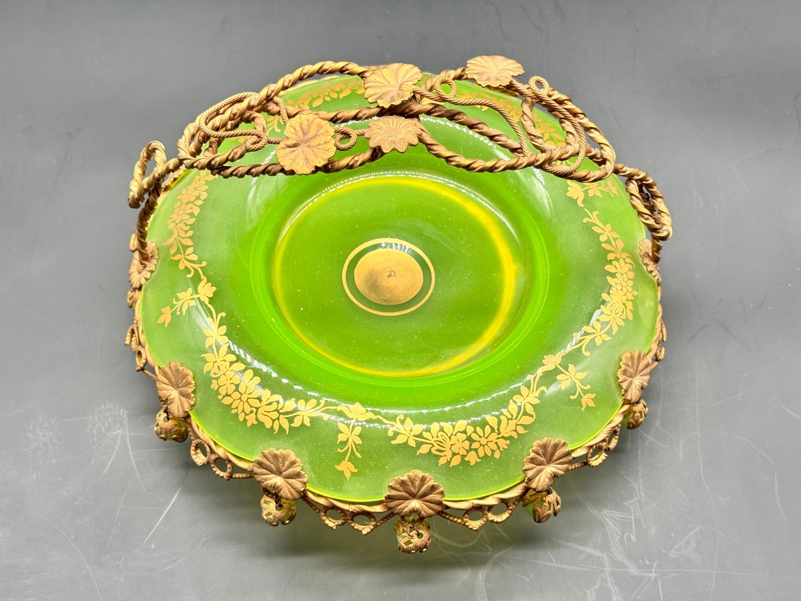 Extremely Rare! 19century French Uranium Opaline Glass casket shaped centerpiece with bronze: Incredible masterpiece. Very rare to find.Provenance:Collection of Yves Saint Lauren.Paris auction 1978
