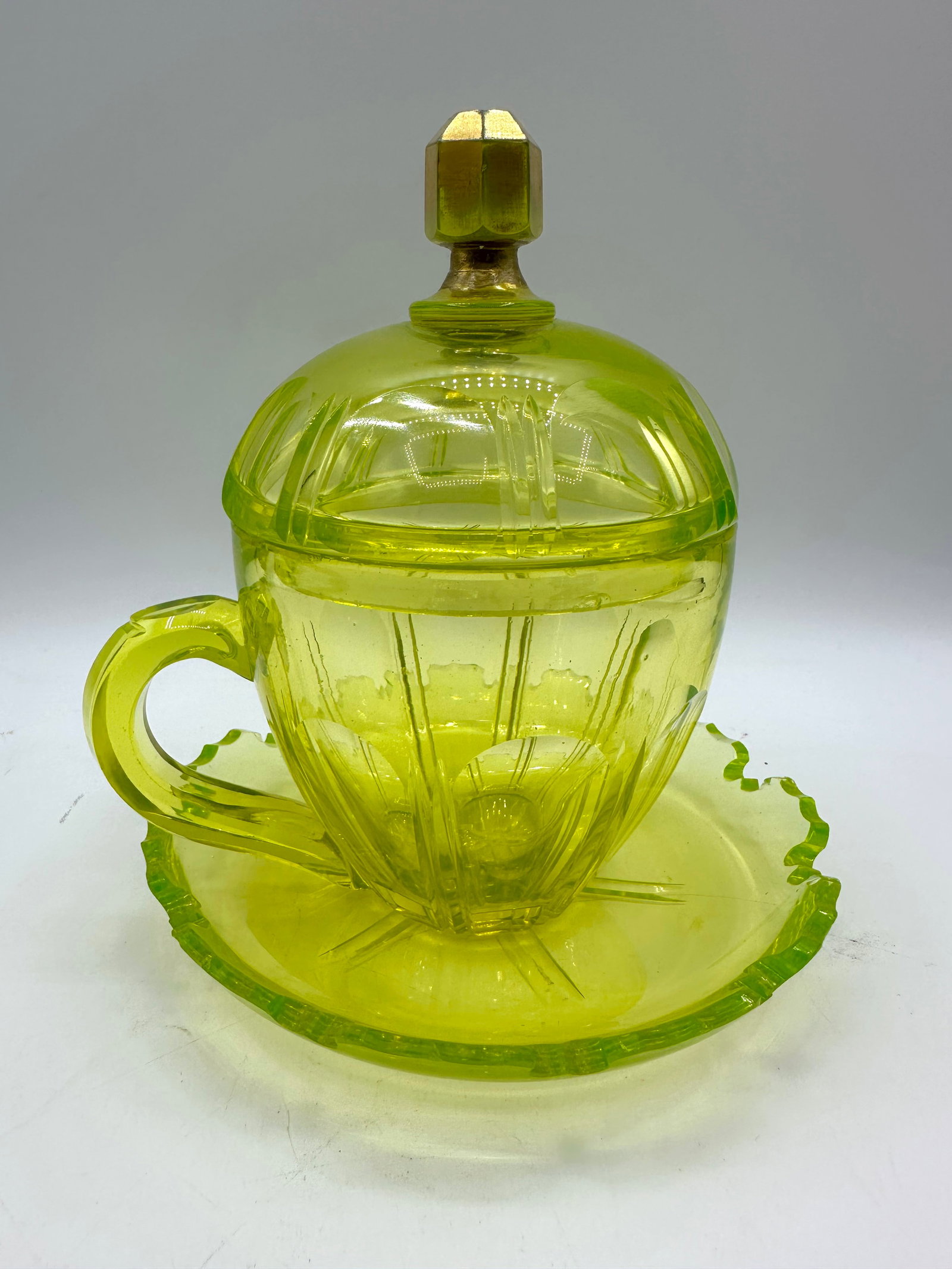 Antique Bohemian Uranium glass covered cup and saucer, Sahleplik for Middle East market (1 of 12)