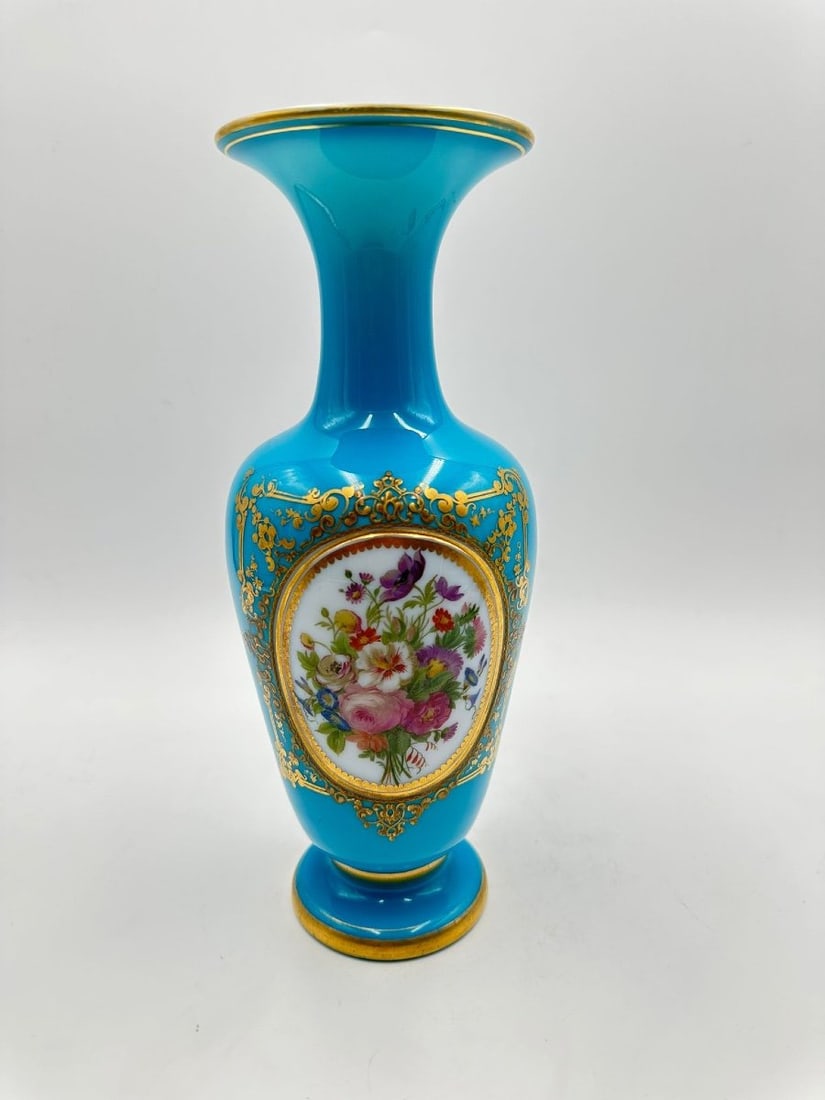 Turquoise Blue Opaline Baluster Vase Decorated With A Bouquet Of Polychrome Flowers (1 of 8)