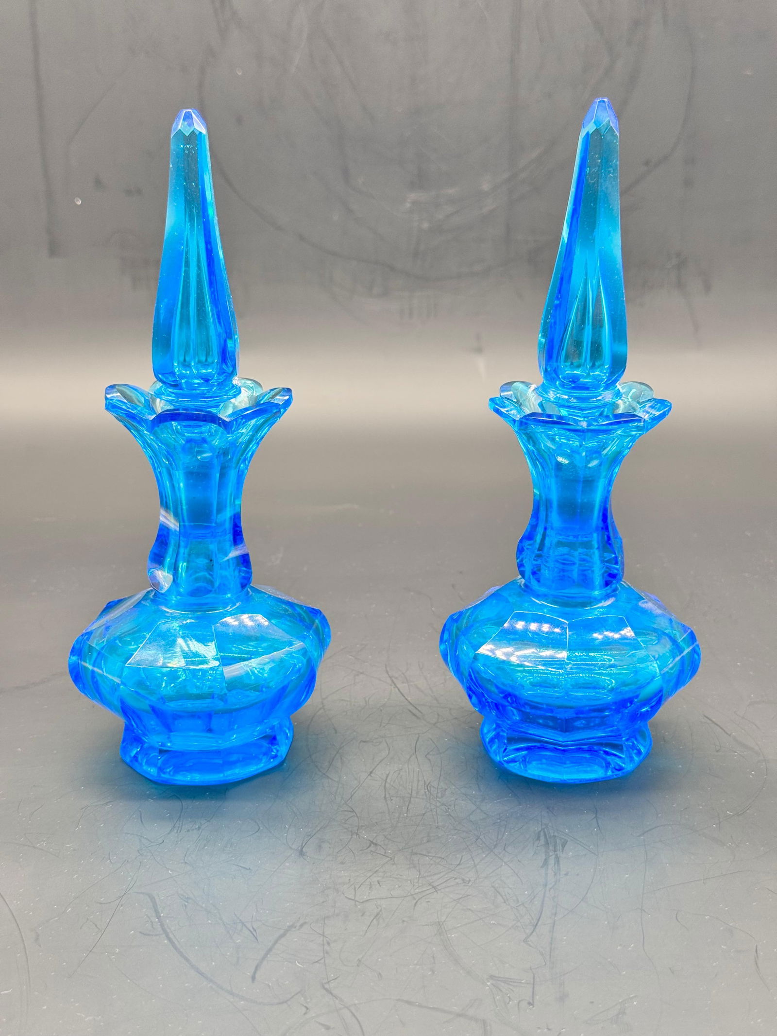 Pair of Antique Bohemian glass perfume bottles in turquoise colour (1 of 12)