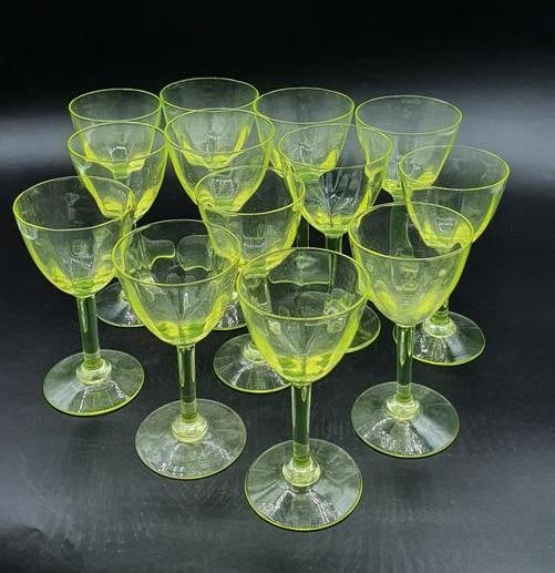 Very Beautiful Antique Vaseline Uranium glass set.: Includes 5 glasses are 13cm high and 6,5cm across the rim 8 glasses are 14cm high and 7cm across the rim.