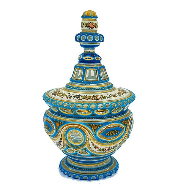 Extraordinary antique baccarat overlay glass bonbonierre: Fantastic example of a very rare Baccarat covered bowl / candy bowl / bonbon / Bonbonierre most likely made for an Ottoman market. Very difficult to find identical shape and decor with similar design.