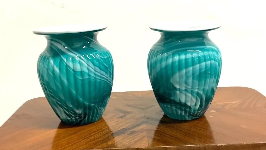 Pair Of Blue And White Opaline Overlay Glass Vases (1 of 8)